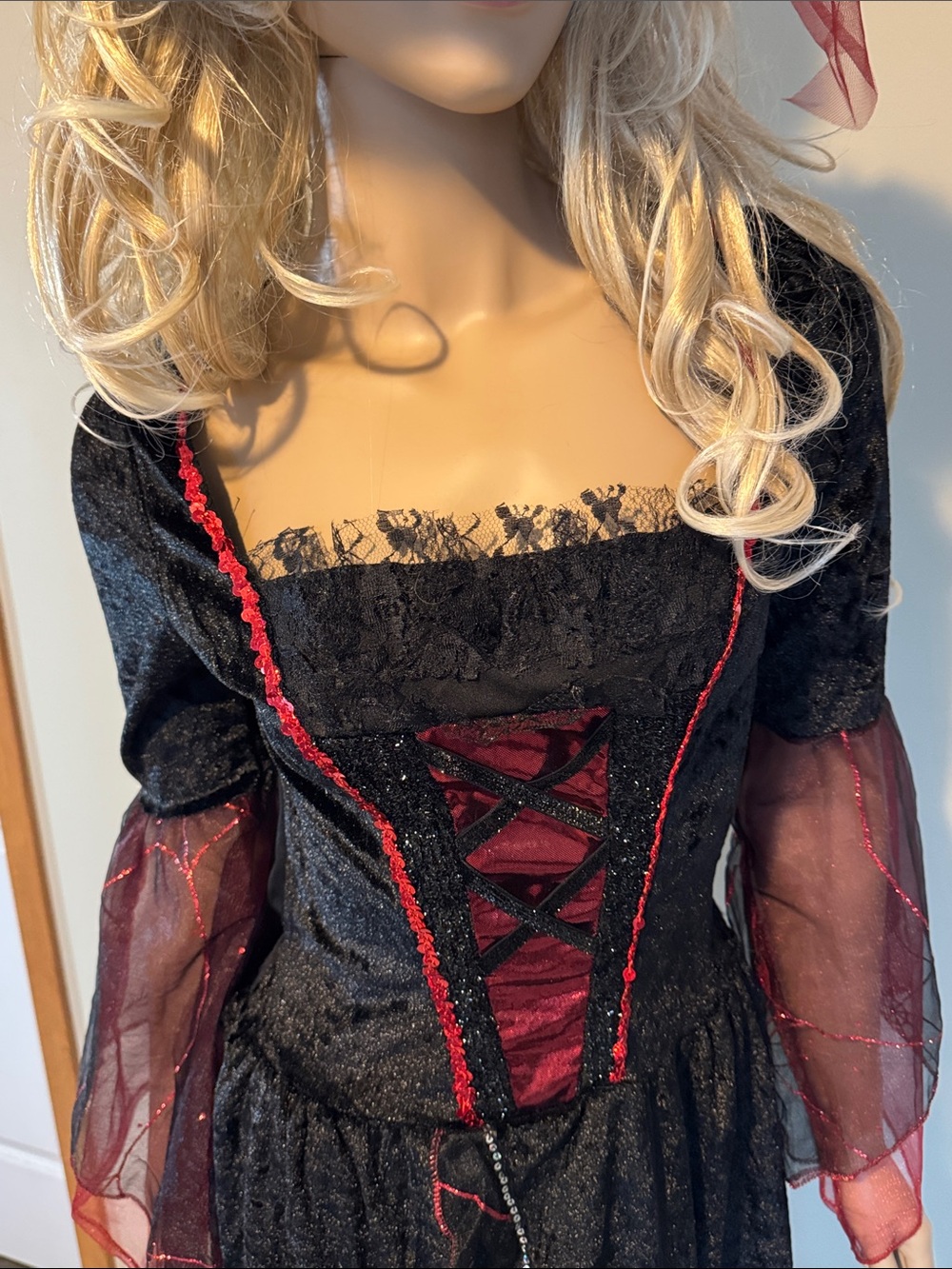 Women's Black and Burgundy Witch Costume Dress with Matching Hat - Picture 4 of 7